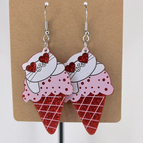 Jewelry - Acrylic Valentine Cat Ice Cream Cone Design Dangle Earrings